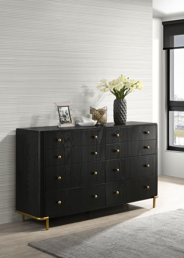 Graceful lines are enhanced with the wire brushed finish and wood grain details of a modern dresser. Eight drawers create ample storage and organization for clothing and linens, helping to keep your bedroom tidy and organized. Top drawers are lined with f