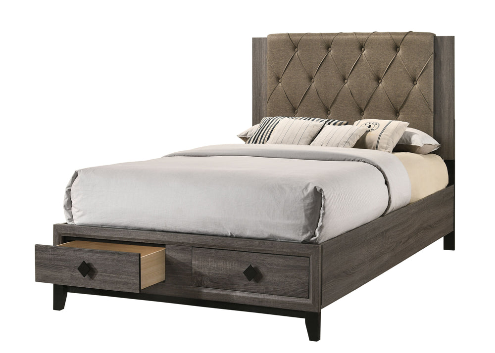 This transitional storage bed provides the perfect balance of comfort utility and style. Diamond button tufted upholstered headboard with two drawers under footboard for plenty of storage. Wooden rustic gray oak finish veneer frame, wood tapered leg, and 
