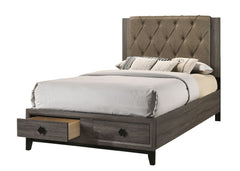 This transitional storage bed provides the perfect balance of comfort utility and style. Diamond button tufted upholstered headboard with two drawers under footboard for plenty of storage. Wooden rustic gray oak finish veneer frame, wood tapered leg, and 