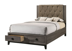 This transitional storage bed provides the perfect balance of comfort utility and style. Diamond button tufted upholstered headboard with two drawers under footboard for plenty of storage. Wooden rustic gray oak finish veneer frame, wood tapered leg, and 