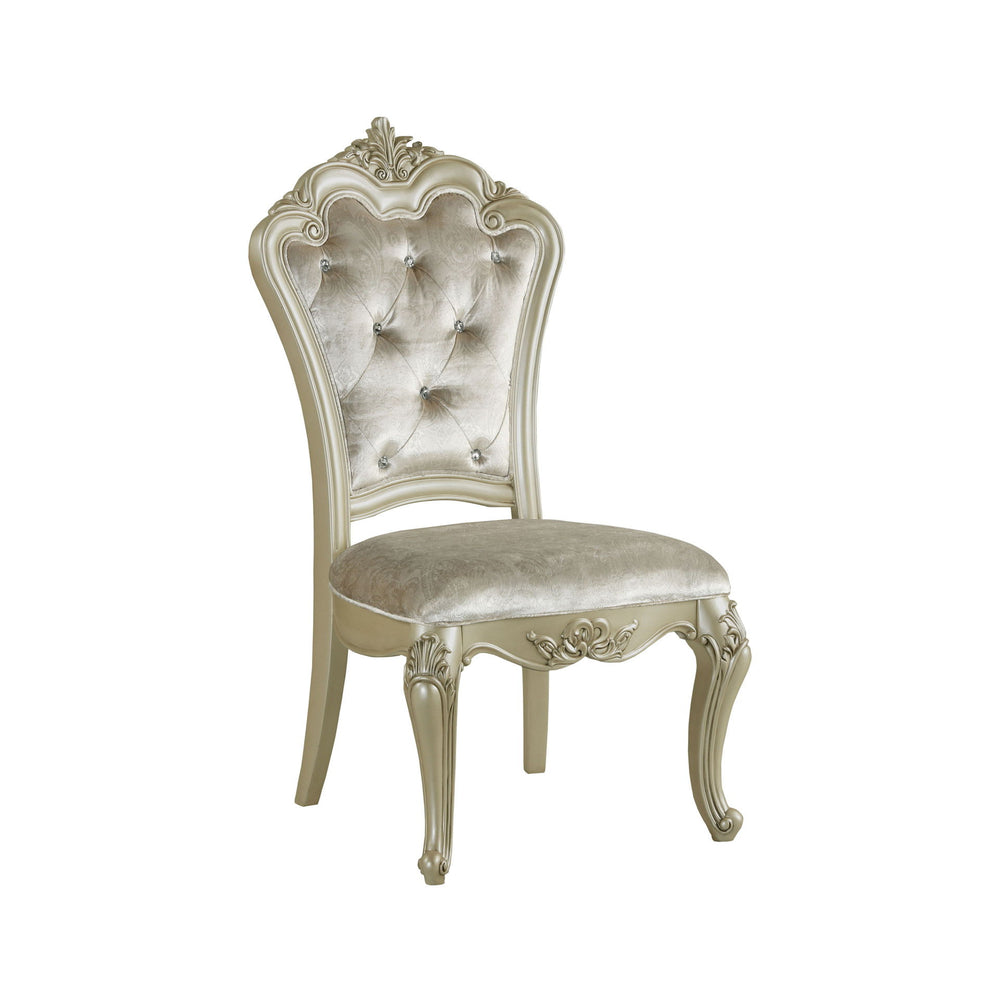 The Monique Side Chairs in Champagne offer a perfect blend of heirloom quality and timeless elegance. This set includes two exquisitely crafted side chairs, each constructed with poplar solids and birch veneers for lasting durability. Reflecting the opule