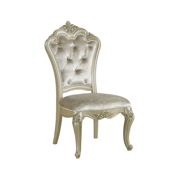 The Monique Side Chairs in Champagne offer a perfect blend of heirloom quality and timeless elegance. This set includes two exquisitely crafted side chairs, each constructed with poplar solids and birch veneers for lasting durability. Reflecting the opule