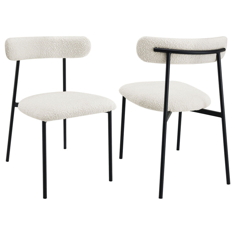 Upgrade your kitchen or dining room seating experience with a set of two modern side chairs. Each boasts a slim framework crafted in durable metal. A black finish creates depth and contrast, offering the perfect complement to soft white boucle upholstery.
