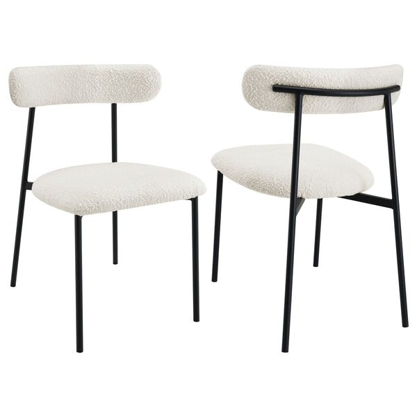Upgrade your kitchen or dining room seating experience with a set of two modern side chairs. Each boasts a slim framework crafted in durable metal. A black finish creates depth and contrast, offering the perfect complement to soft white boucle upholstery.
