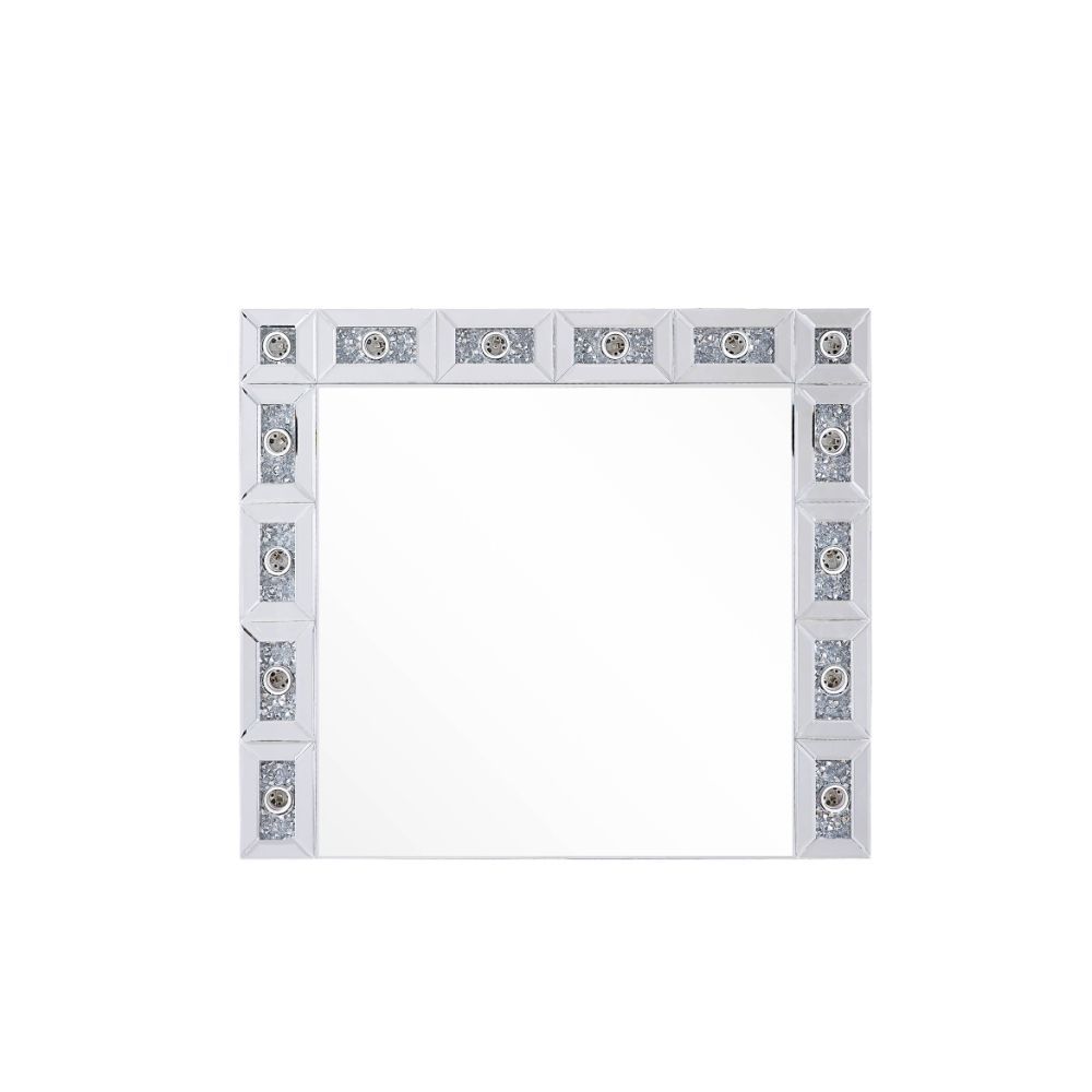 Undeniable magnificence with high-tech flair, this Noralie wall mirror is meant to become your favorite accent. Rectangular frame with 4mm beveled mirror and faux diamonds inlaid, this piece is as attractive as it is functional. Rimmed by -"hollywood styl