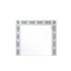 Undeniable magnificence with high-tech flair, this Noralie wall mirror is meant to become your favorite accent. Rectangular frame with 4mm beveled mirror and faux diamonds inlaid, this piece is as attractive as it is functional. Rimmed by -"hollywood styl