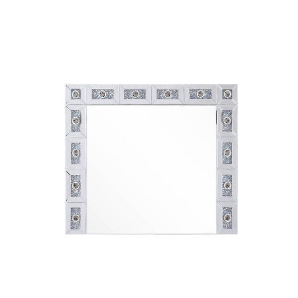 Undeniable magnificence with high-tech flair, this Noralie wall mirror is meant to become your favorite accent. Rectangular frame with 4mm beveled mirror and faux diamonds inlaid, this piece is as attractive as it is functional. Rimmed by -"hollywood styl