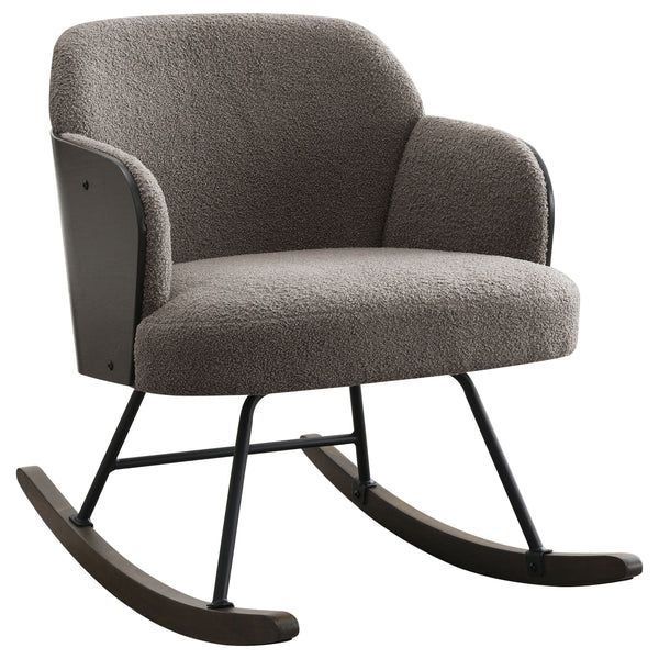 This modern rocking chair blends cozy comfort with sophisticated design, making it an ideal addition to any contemporary home. The plush boucle fabric upholstery wraps the seat and backrest, providing a soft and inviting surface. The walnut-finished bentw