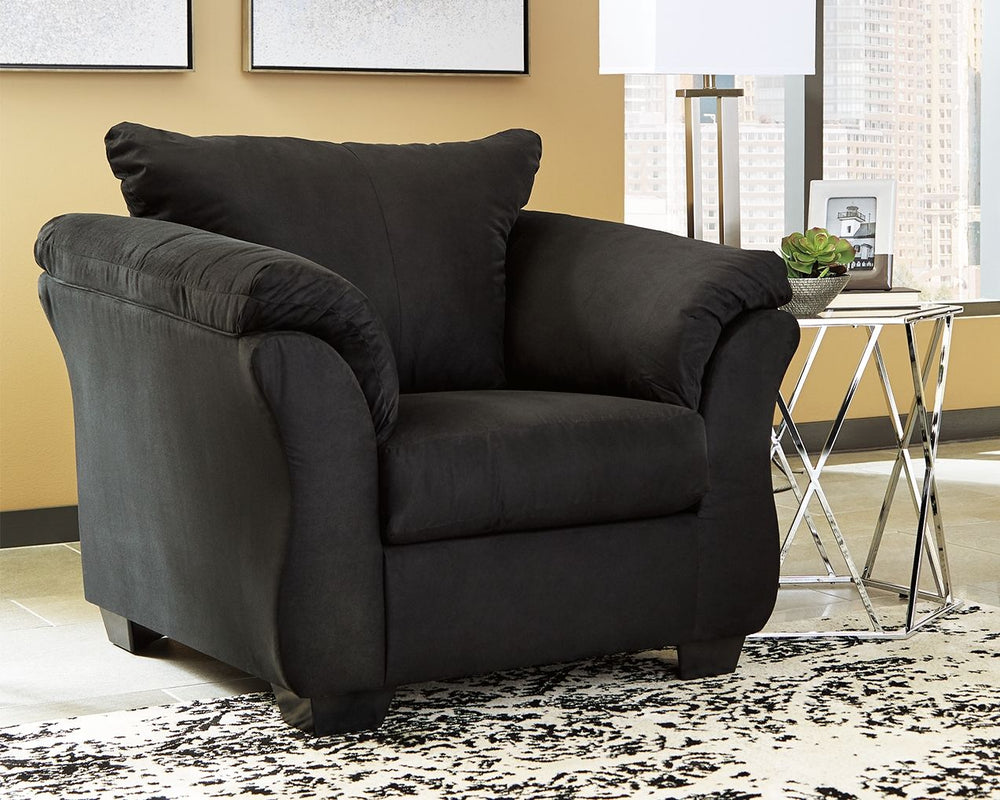 Talk about fine lines and great curves. Thatâ€™s the beauty of this standout chairâ€”made to suit your appreciation for simplicity and love of contemporary style. A striking flared frame, comfy pillow top armrests and an ultra-soft upholstery that holds u