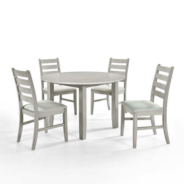 Experience the Pascal 5 Piece Dining Room Set in Driftwood Gray, featuring a round wood table and four dining chairs. Crafted from a blend of solid Rubberwood and manufactured woods, this set ensures long-lasting durability. The solid wood chairs are rein