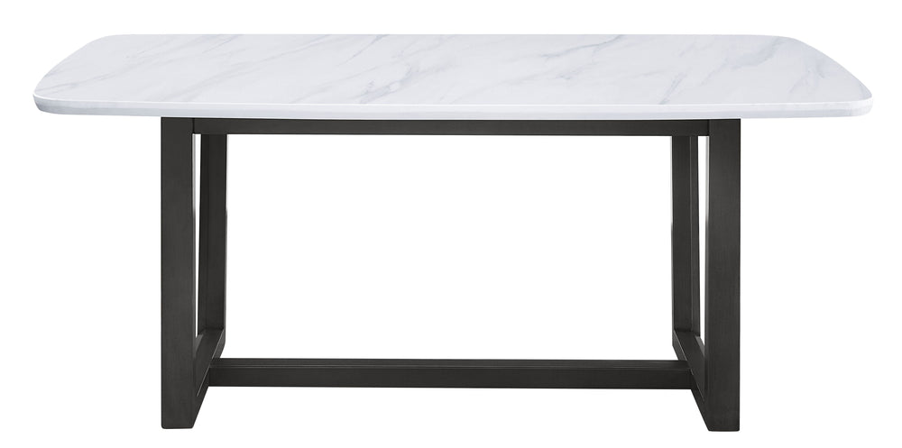 Bold, straight-lined metal work paired with a cool textured marble top creates this stunning modern minimalist work. The dining table is founded atop a metal trestle base shown in weathered gray finish. White rectangular marble top features beautiful and 