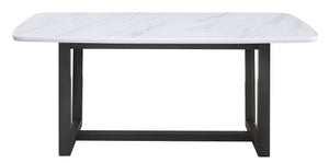  straight-lined metal work paired with a cool textured marble top creates this stunning modern minimalist work. The dining table is founded atop a metal trestle base shown in weathered gray finish. White rectangular marble top features beautiful and 