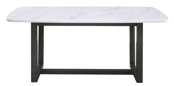  straight-lined metal work paired with a cool textured marble top creates this stunning modern minimalist work. The dining table is founded atop a metal trestle base shown in weathered gray finish. White rectangular marble top features beautiful and 
