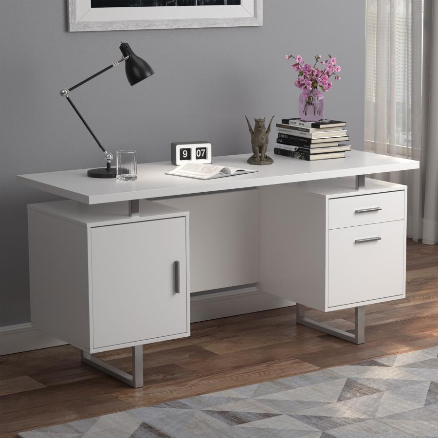 Chic and modern, this wooden writing desk creates a gorgeous focal point in any home office. Sleek lines of silver finished metal create a sturdy foundation for its stylish design. A rectangular, floating tabletop adds visual intrigue to its clean silhoue