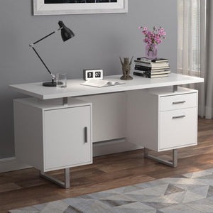  this wooden writing desk creates a gorgeous focal point in any home office. Sleek lines of silver finished metal create a sturdy foundation for its stylish design. A rectangular
