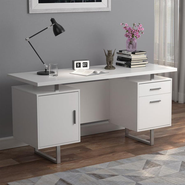  this wooden writing desk creates a gorgeous focal point in any home office. Sleek lines of silver finished metal create a sturdy foundation for its stylish design. A rectangular