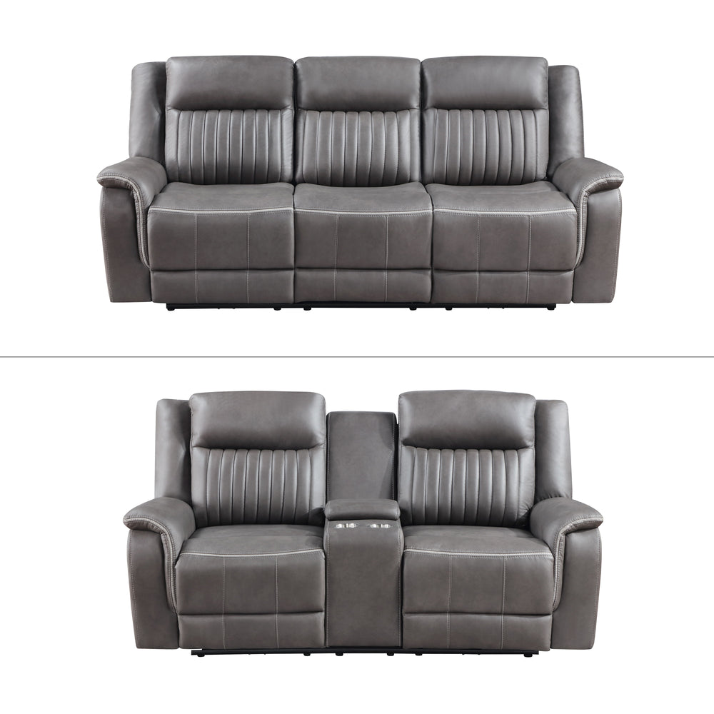 Meet the Enzo 2 Piece Motion Upholstery Collection, comprising a Reclining Sofa and Console Loveseat meticulously crafted for enduring comfort and style in your living space. With hardwood and manufactured wood frames, coil spring cushions wrapped in resi