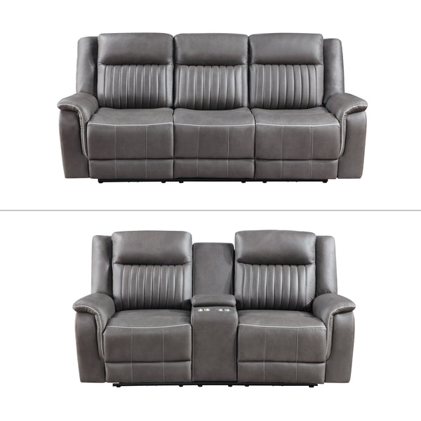 Meet the Enzo 2 Piece Motion Upholstery Collection, comprising a Reclining Sofa and Console Loveseat meticulously crafted for enduring comfort and style in your living space. With hardwood and manufactured wood frames, coil spring cushions wrapped in resi
