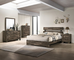 This bedroom collection embodies a rustic, yet minimalist aesthetic with its clean lines and neutral color palette. The set includes a low-profile bed frame, a dresser with a mirror, and a tall chest, all finished in a versatile gray that easily complemen