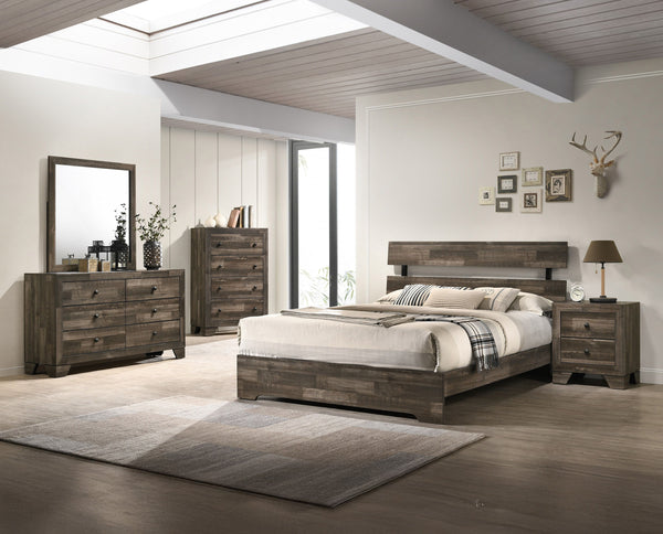 This bedroom collection embodies a rustic, yet minimalist aesthetic with its clean lines and neutral color palette. The set includes a low-profile bed frame, a dresser with a mirror, and a tall chest, all finished in a versatile gray that easily complemen