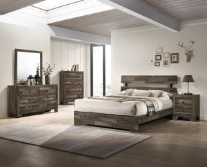 This bedroom collection embodies a rustic, yet minimalist aesthetic with its clean lines and neutral color palette. The set includes a low-profile bed frame, a dresser with a mirror, and a tall chest, all finished in a versatile gray that easily complemen