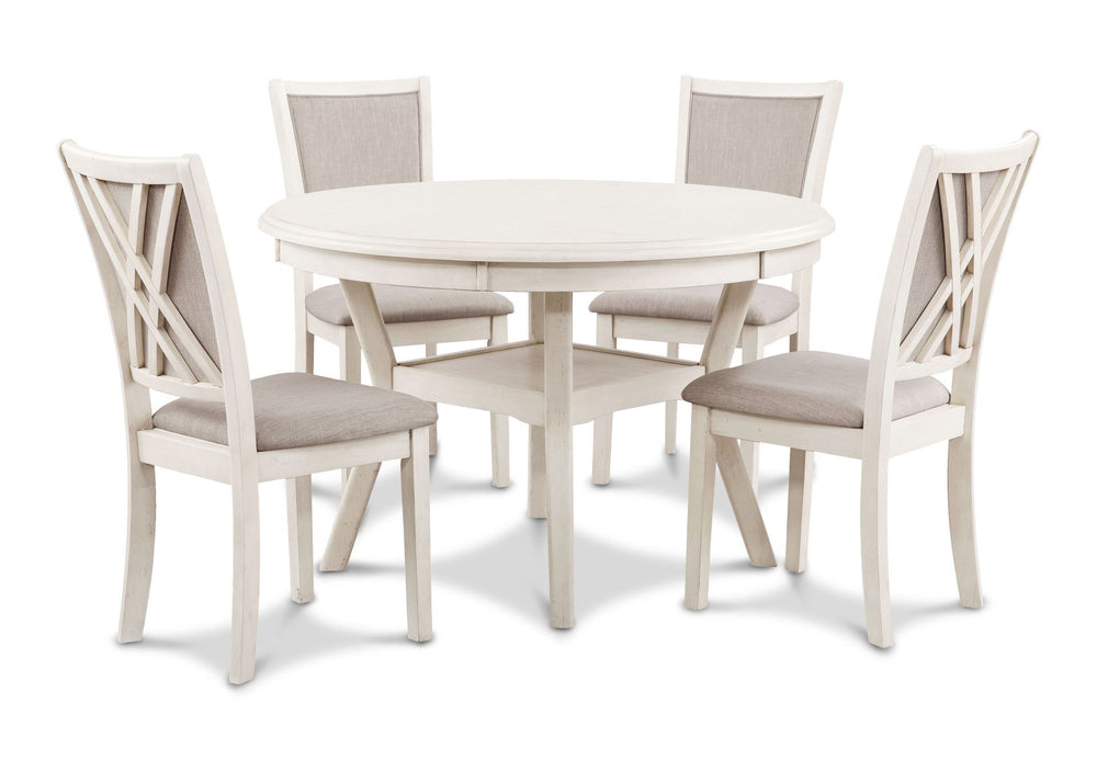 The meticulously crafted Amy 5-Piece Wood Round Dining Set includes a spacious 47" round dining table and four chairs, designed for both durability and beauty. The solid Rubberwood and Mindi veneer construction ensures lasting quality, while the cozy farm