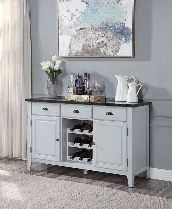 Assembled Rectangular Server Marble Top Top Thickness: 30mm(25mm Plywood+5 mm Marble) Drawer: Wooden Center Drawer Glide, 2/3 Extension, Safety Stop Included, Felt Lined All Drawer Wine Rack Included(9 Bottles)