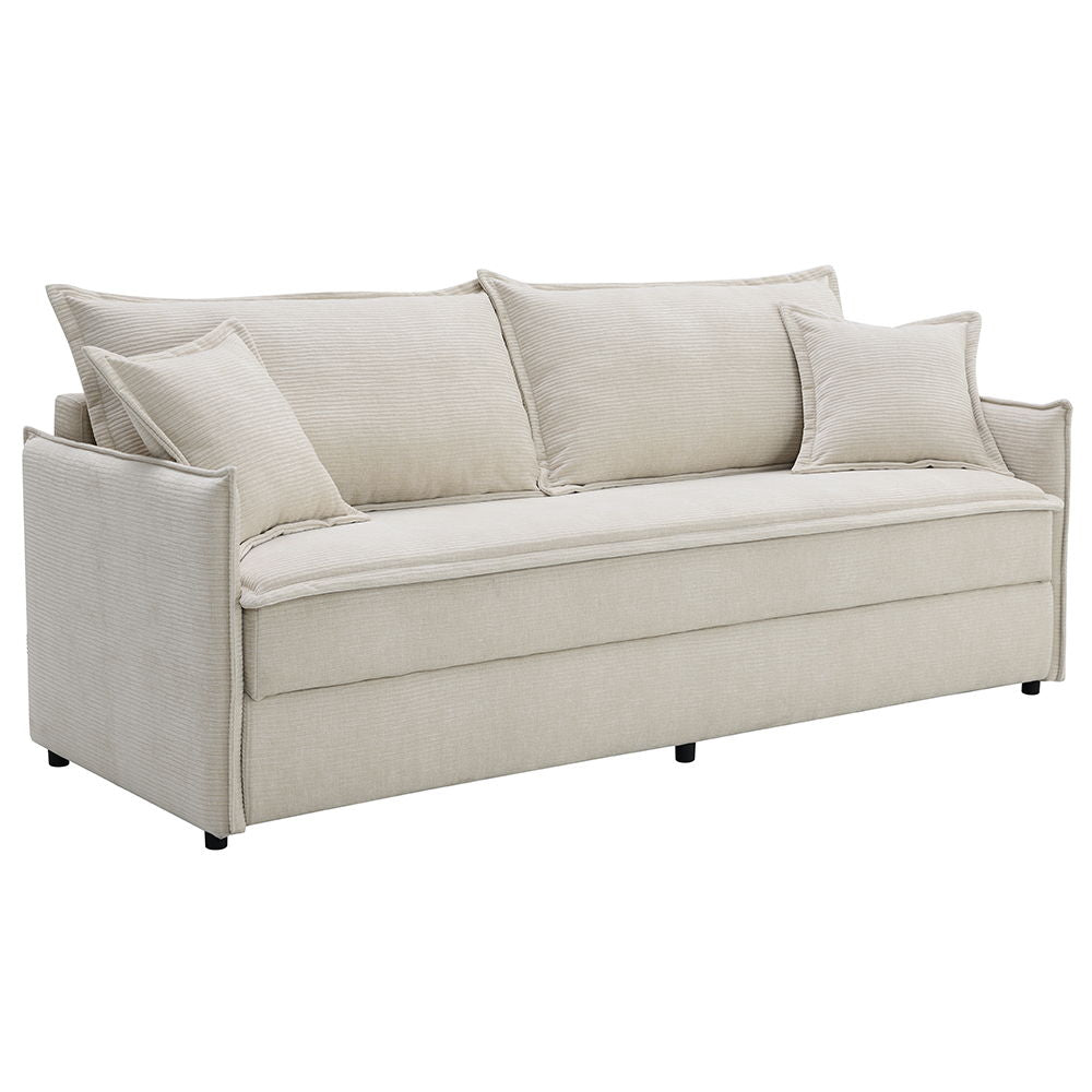 The Elisea sofa with its elegant beige fabric, effortlessly blends sophistication and practicality. Its sleek design hides a convenient pull-out sleeper, perfect for accommodating guests with ease. The plush cushions and soft fabric provide unmatched comf