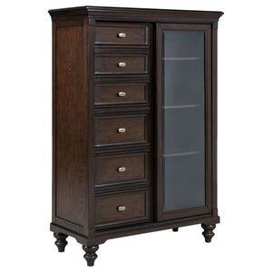 This door chest combines classic style with functional storage, making it a unique addition to your bedroom. It features six spacious drawers alongside a four-tier cabinet with tempered glass framed by solid wood, offering a display space for decor or eas