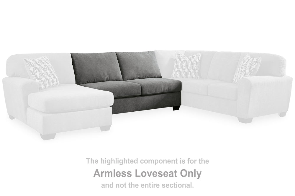 This armless loveseat is made with polyester upholstery. Pairs with other items in the series to make a sectional.<br><br><b>Additional Dimensions</b><br><ul><li>Seat depth: 21-"</li><li>Seat height: 20-"</li><li>Top of cushion to top of back: 18-"</li><l
