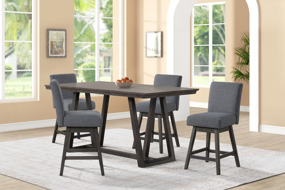 The High Line 5 Piece Counter Dining Set with Swivel Stools combines style, durability, and comfort for your dining area. This set includes a counter-height trestle table and four gray swivel counter chairs, providing functionality and modern aesthetics. 