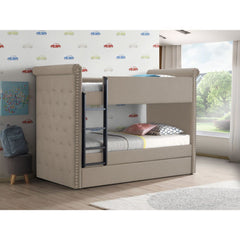 Give your child-'s bedroom a convenient and stylish update with the Ramona II twin over twin bunk bed. This bed-'s unique beige fabric has antique-inspired details like button tuft upholstery, and nailhead trim to create a charming and timeless look. A tw