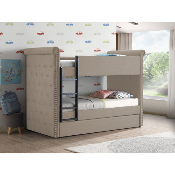 Give your child-'s bedroom a convenient and stylish update with the Ramona II twin over twin bunk bed. This bed-'s unique beige fabric has antique-inspired details like button tuft upholstery, and nailhead trim to create a charming and timeless look. A tw