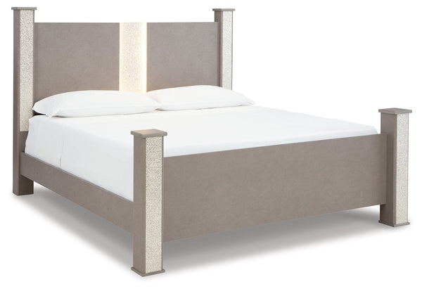 Love sleek and bold contemporary style? Drink in the beauty of this king poster bed. The piece-'s eye-catching details include a leather grain look, glam glitter accents and remote-controlled LED lighting. Combined with the streamlined aesthetic, it-'s a 