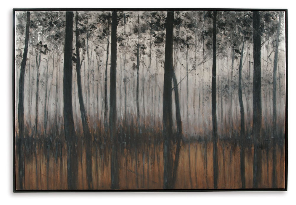 A mystery of trees captures our gaze in this textured wall art. Silver tinted trees reflect beautifully in an orange body of water. Hand-painted nature of the piece makes each one a unique work of art.<br/><br/><b>Product Features</b><ul><li>Framed galler