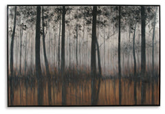 A mystery of trees captures our gaze in this textured wall art. Silver tinted trees reflect beautifully in an orange body of water. Hand-painted nature of the piece makes each one a unique work of art.<br/><br/><b>Product Features</b><ul><li>Framed galler