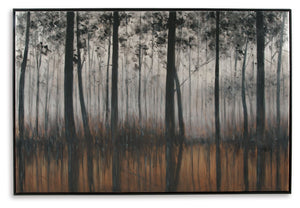 A mystery of trees captures our gaze in this textured wall art. Silver tinted trees reflect beautifully in an orange body of water. Hand-painted nature of the piece makes each one a unique work of art.<br/><br/><b>Product Features</b><ul><li>Framed galler