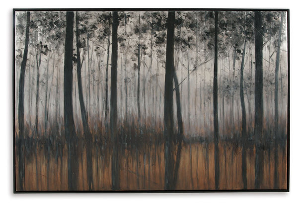 A mystery of trees captures our gaze in this textured wall art. Silver tinted trees reflect beautifully in an orange body of water. Hand-painted nature of the piece makes each one a unique work of art.<br/><br/><b>Product Features</b><ul><li>Framed galler