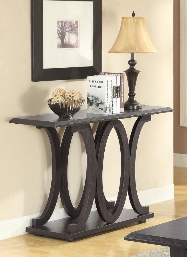 Complete your living room with this elegant sofa table, featuring a bold circular base design that adds a touch of modern sophistication. The rich cappuccino finish creates a warm, contemporary aesthetic, while the sturdy engineered wood construction ensu