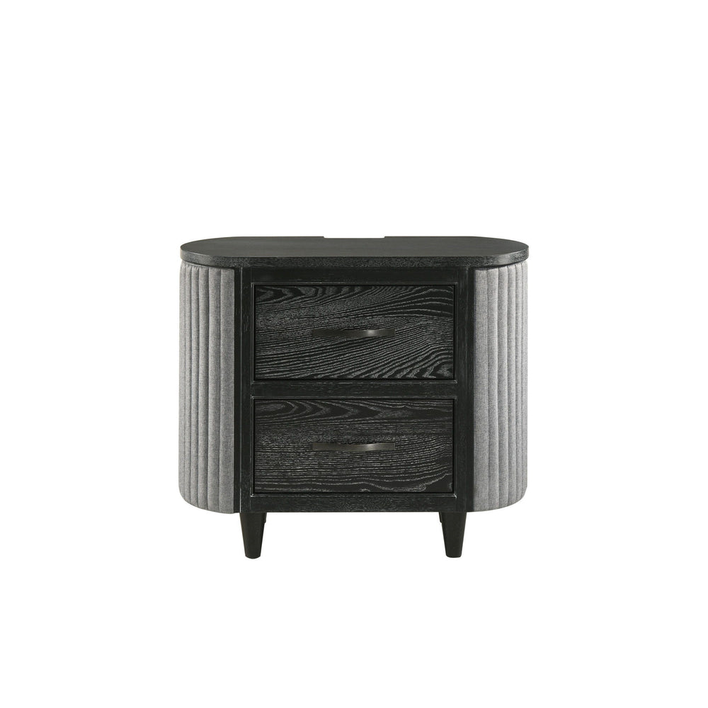 The Skyline 2-Drawer Nightstand in Onyx blends bold style and function. Built from solid Rubberwood, engineered woods, and Ash Wood veneers, itâ€™s sleek and durable. The Onyx Black finish with gray glazing enhances the wood grain for a luxe look. Curved 