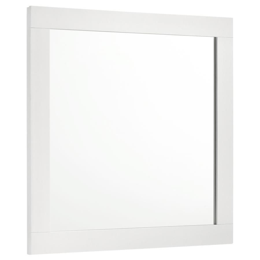 Modern luxury with a minimalist look offers a perfect fit for updated bedrooms as the dresser mirror completes an ensemble with utility and beauty in a sleek master suite or guest bedroom. Wood and wood products construct a mirror frame with clean lines a