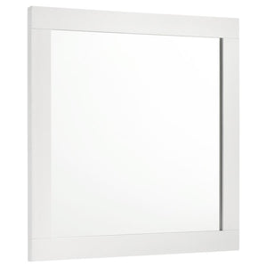 Modern luxury with a minimalist look offers a perfect fit for updated bedrooms as the dresser mirror completes an ensemble with utility and beauty in a sleek master suite or guest bedroom. Wood and wood products construct a mirror frame with clean lines a