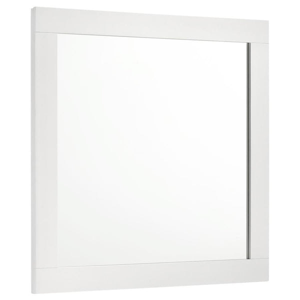 Modern luxury with a minimalist look offers a perfect fit for updated bedrooms as the dresser mirror completes an ensemble with utility and beauty in a sleek master suite or guest bedroom. Wood and wood products construct a mirror frame with clean lines a