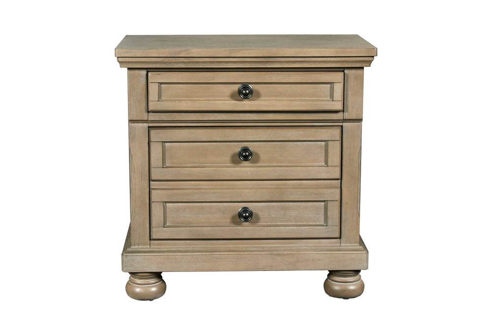 The Allegra 3 Drawer Nightstand in a refined pale pewter finish offers the perfect blend of durability, style, and modern convenience. Expertly crafted from solid Mindi wood, engineered woods, and wood veneers, this nightstand showcases the natural beauty