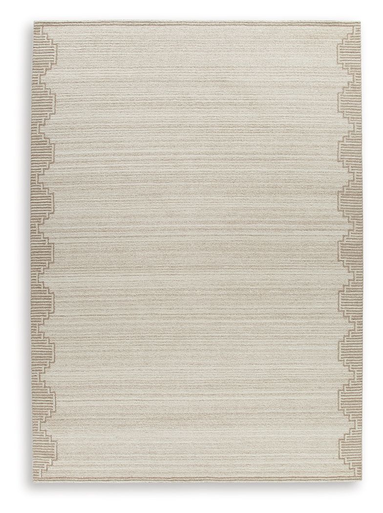 Dress up any floor with the tastefully approachable design of this rug. Its distinctive stepped border pattern, rendered in versatile neutrals, creates a subtly eye-catching look that brings modern elegance to any casual space. Crafted from wool with a ge