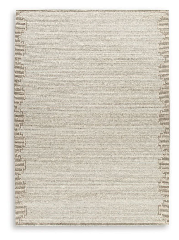 Dress up any floor with the tastefully approachable design of this rug. Its distinctive stepped border pattern, rendered in versatile neutrals, creates a subtly eye-catching look that brings modern elegance to any casual space. Crafted from wool with a ge