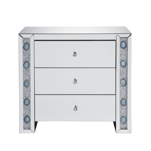  Clear Glass with Faux Agate Stones (Back Unfinished) Orientation: Free Standing Storage: 3 Drawers (Open Base) CONSTRUCTION Mirrored Case-Frame & Drw: Mirror