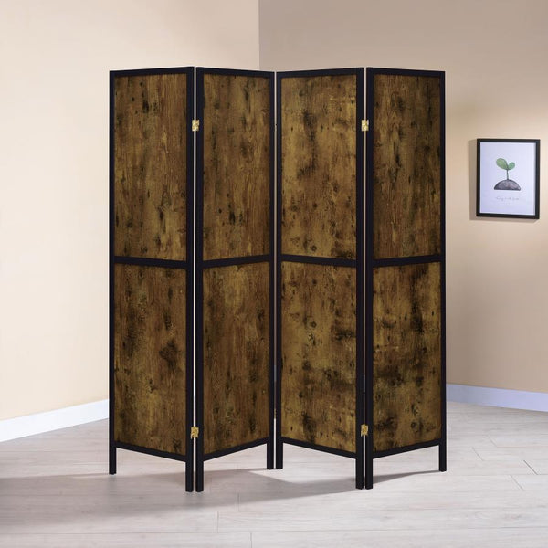  the legs feature a dark finish that adds structure to the divider. In an antique nutmeg finish