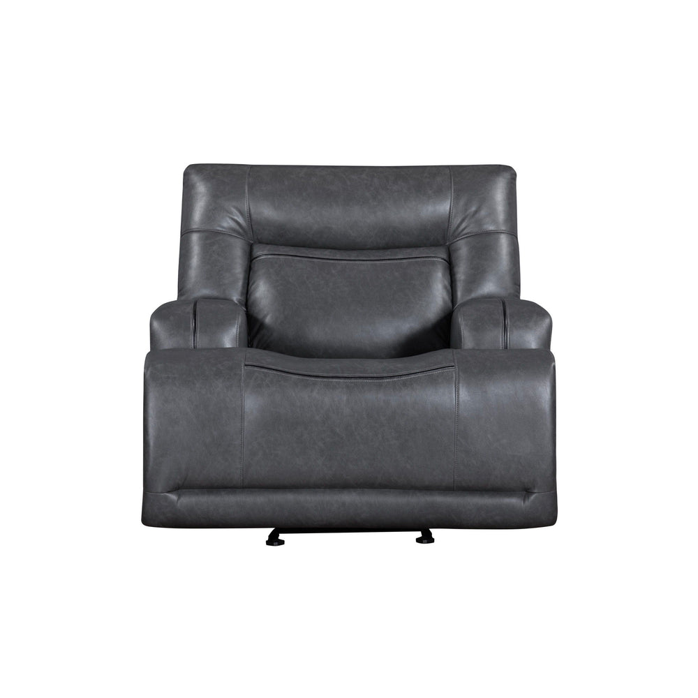 The Titan Glider Recliner in gray offers the perfect blend of durability and comfort. Built with hardwood plywood and engineered wood frames, this recliner is designed to support up to 350 lbs per seat, ensuring longevity. The soft, luxurious leather-look