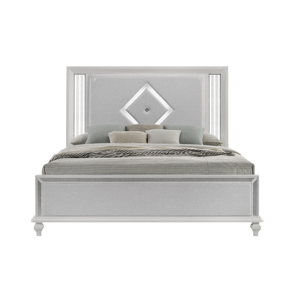 Experience the allure of the Stardust Bed in White, a masterpiece of modern luxury for your bedroom sanctuary. Crafted with durability in mind, this bed boasts a strong and eco-friendly construction of manufactured wood with a sleek white finish, adorned 